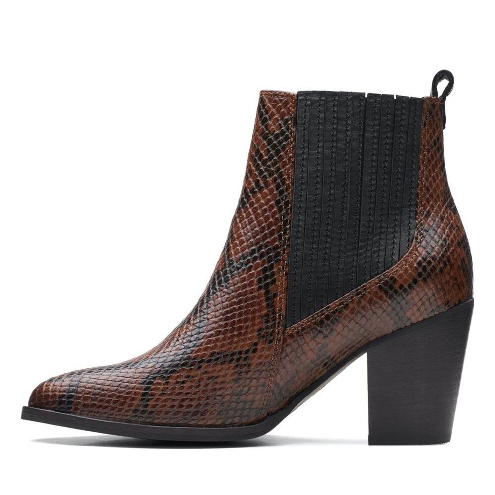 Clarks West Lo Dark Tan Snake Leather Heeled Booties - Picture 12 of 16